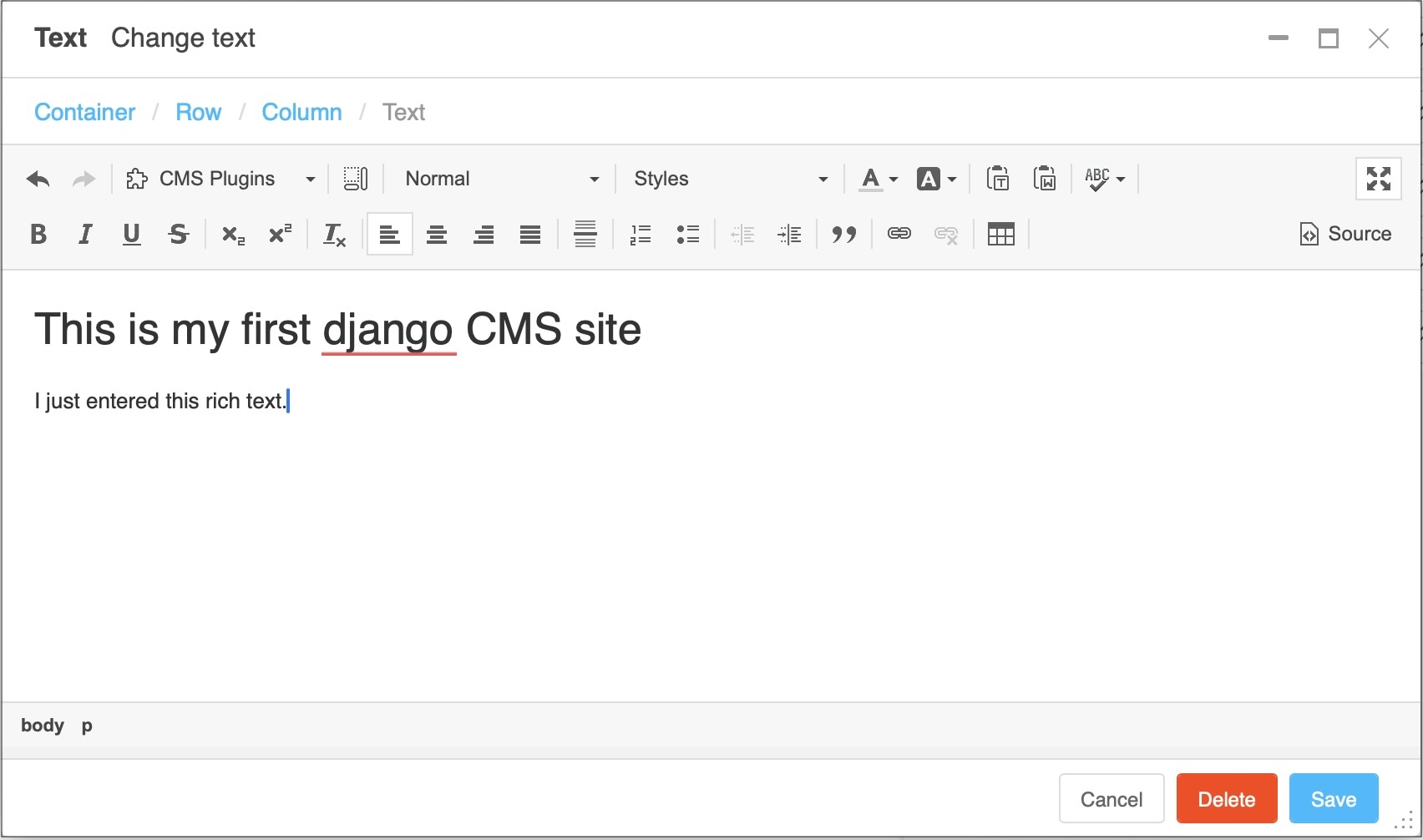 django CMS' integrated rich text editor
