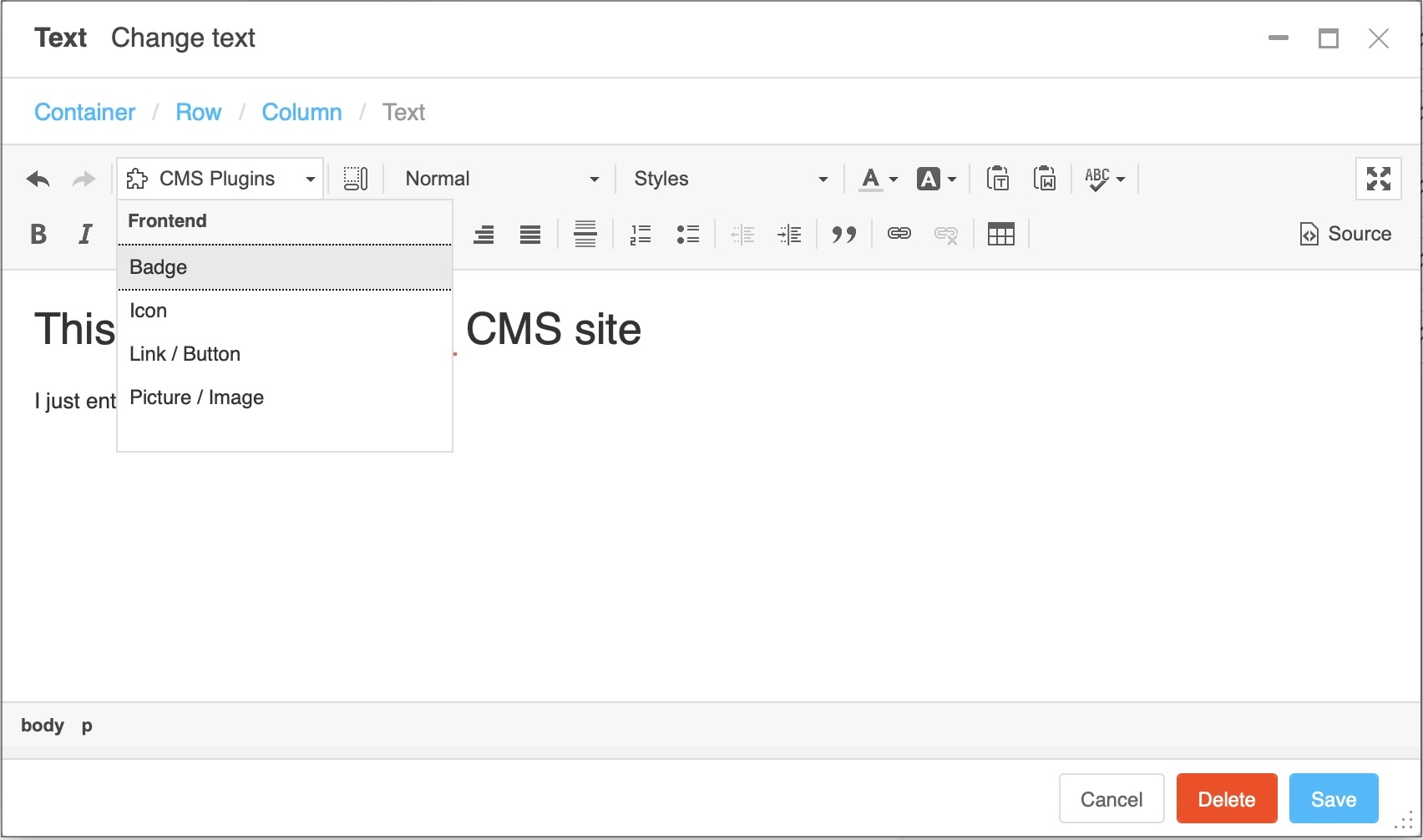 The CMS Plugins menu in the rich text editor